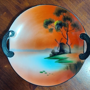 Antique Noritake Hand Painted Plate Morimura Brothers 1918 Mark - Gorgeous handled plate painted with orange, tree and windmill!