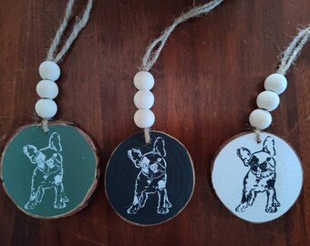 Dog Tags!  Adorable French Bulldog Wooden Slice Christmas Ornaments or Gift Tags - Hand painted and stenciled, 3 colors available!