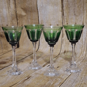 Vintage Set of 4 - Nachtmann Germany - Avignon Pattern Cased Cut to Clear Dark Emerald Green Crystal Wine or Cordial Glasses - Gorgeous!