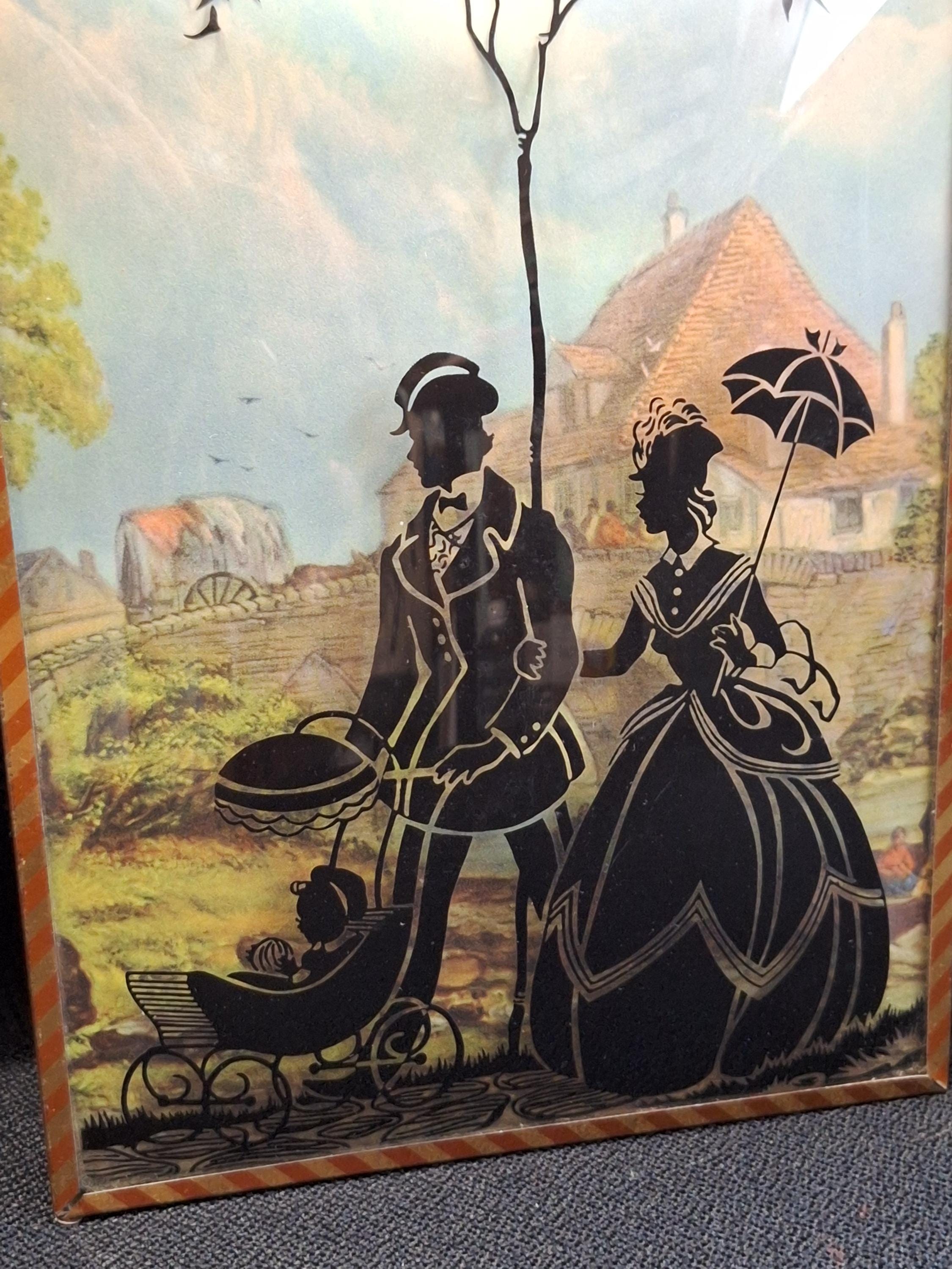 絵画 （J） Vintage Reverse Painted Black Silhouette on Convex Bubble Glass