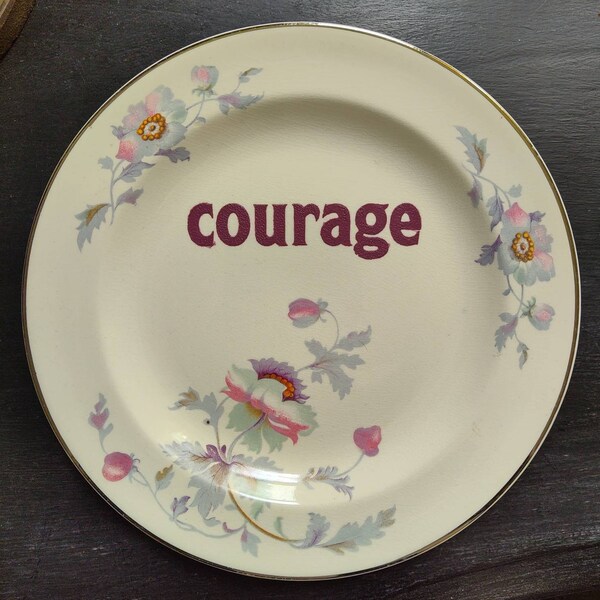 Hand Stenciled Vintage Plate -  COURAGE - Century by Salem Platinum Gold pattern - Pinks, Purples Plums - Great Inspirational Cottage Decor