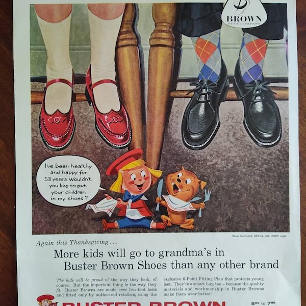 Vintage Ad - 1957 Buster Brown Shoes - More Kids wear Buster Brown Shoes to Thanksgiving at Grandma's - Mecca and Lindy styles - Tige