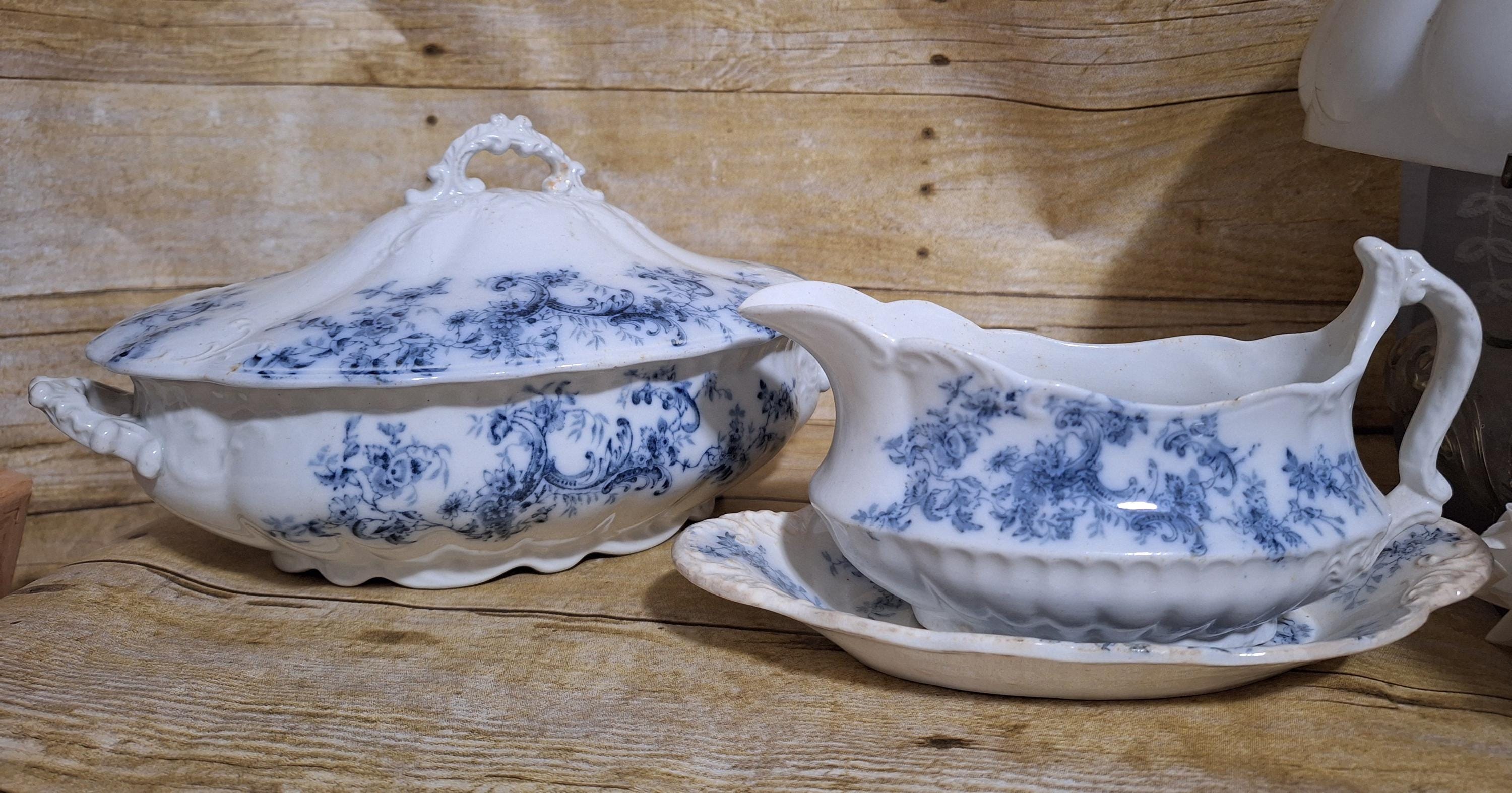 Antique Porcelain Royale Pitcairns Limited Tunstall England in the Oriel 8 pattern  Covered Serving Bowl and Sauce Boat with Plate  pre-1900