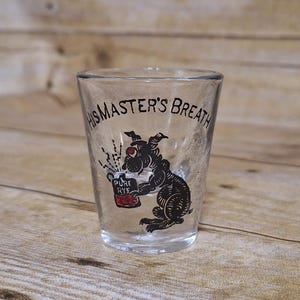 Vintage His Master’s Breath Pure Rye Shot Glass 1940s-1950s Funny Dog with Jug of "Pure Rye", Black and Red barware, Rare!
