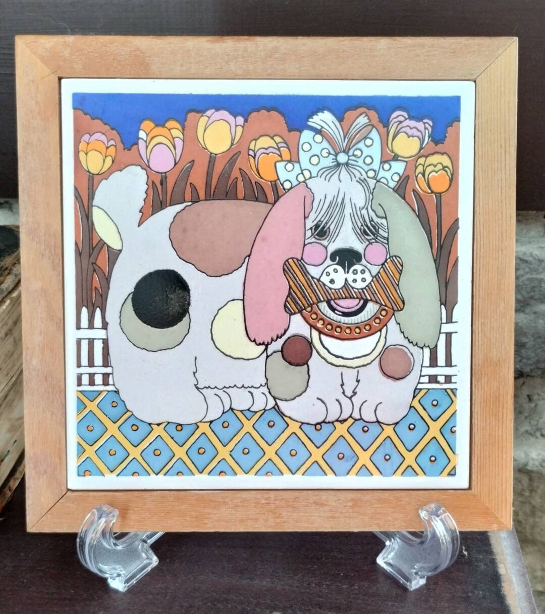 Vintage Dog Wall Trivet, Retro Ceramic Tile Gailstyn Sutton 1980s