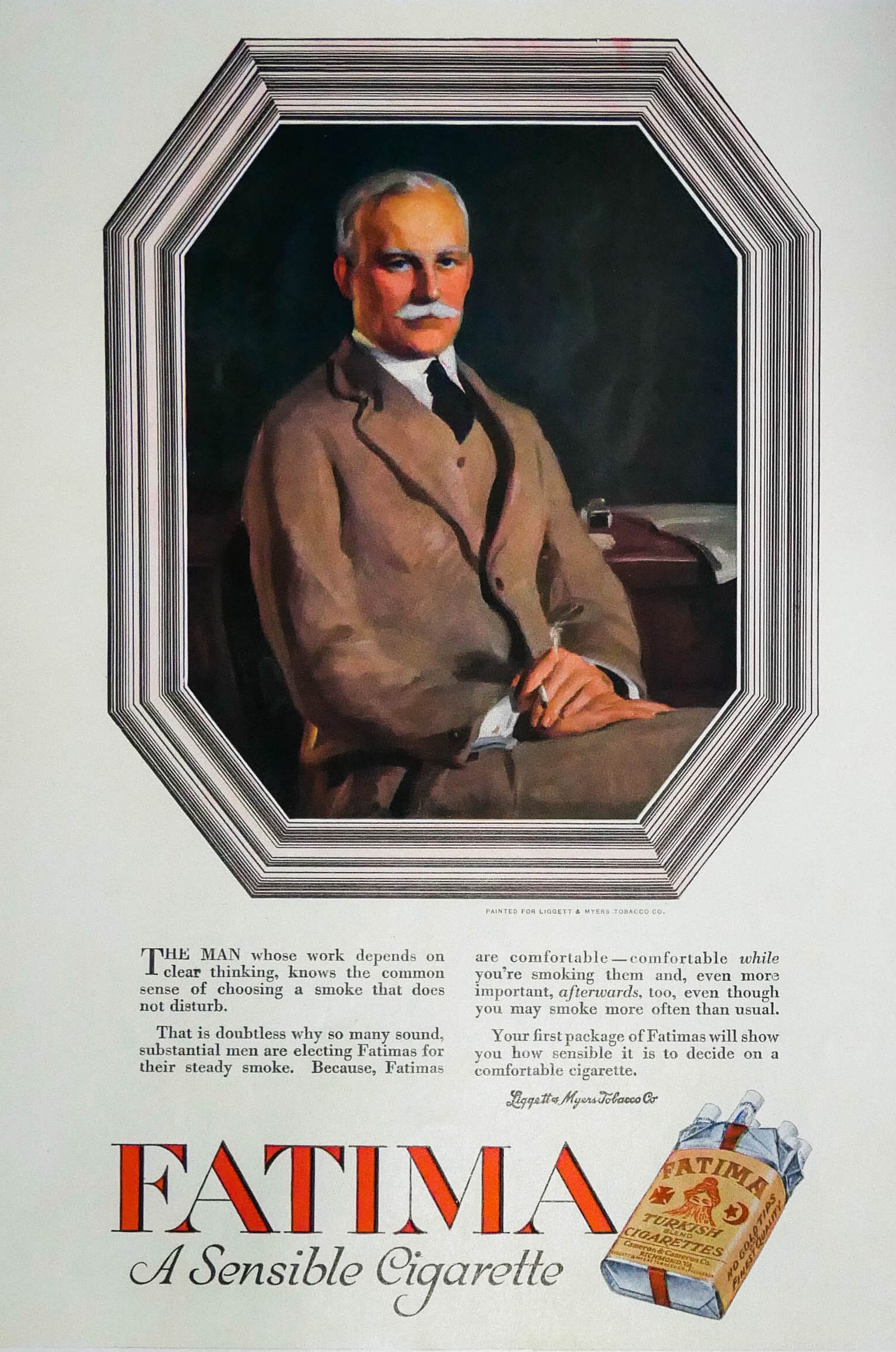 Antique 1917 Fatima Turkish Cigarette Ad - Well Dressed Man Portrait -  Liggett Myers Tobacco Co