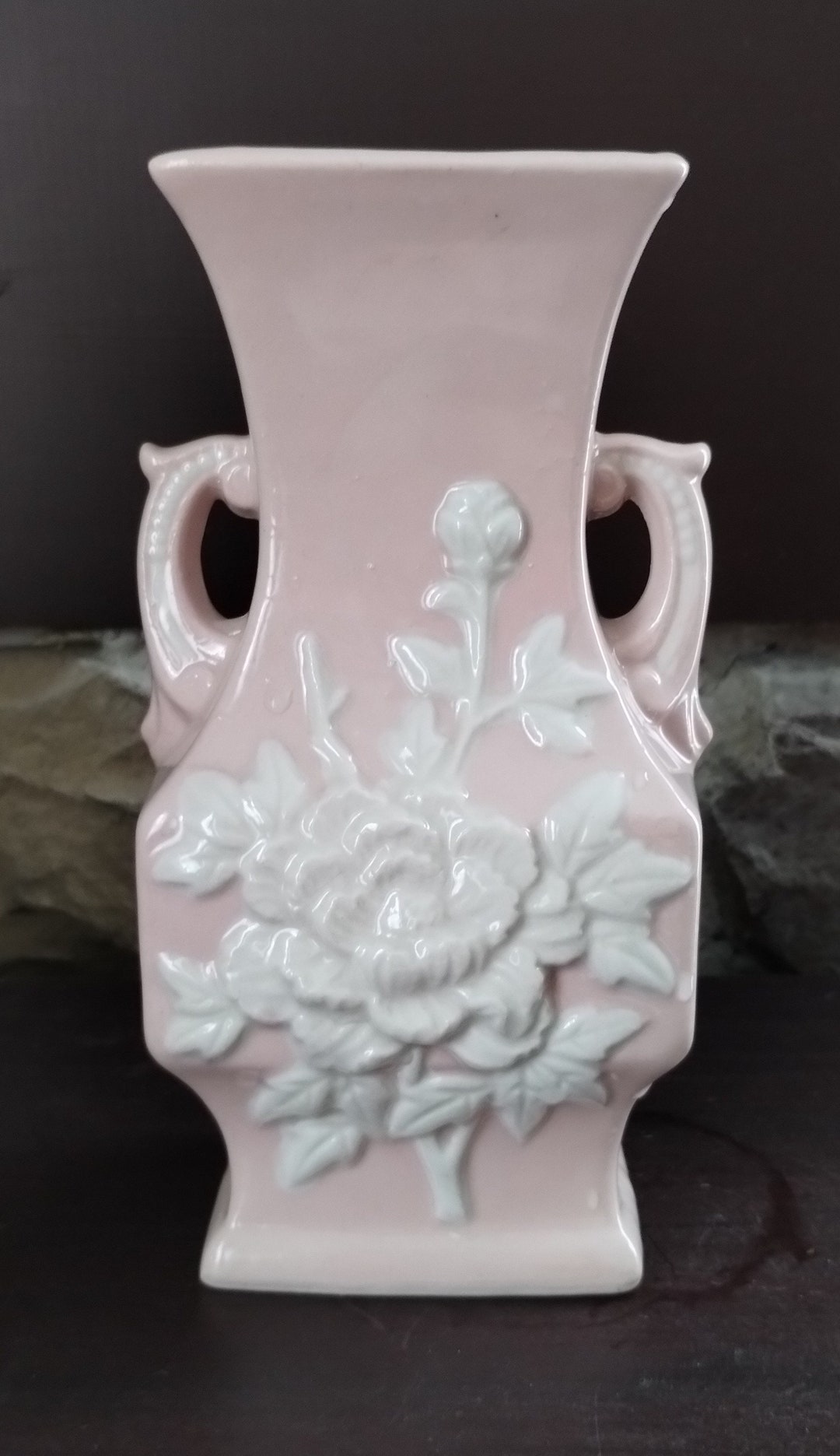 Vintage Pink Porcelain Vase With Relief White Flowers 2 Etsy
