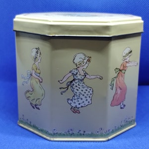 Vintage Daher Kate Greenaway Collection - Yellow Octagonal Tin with Lid - Made in England, 1970s, Adorable Design !