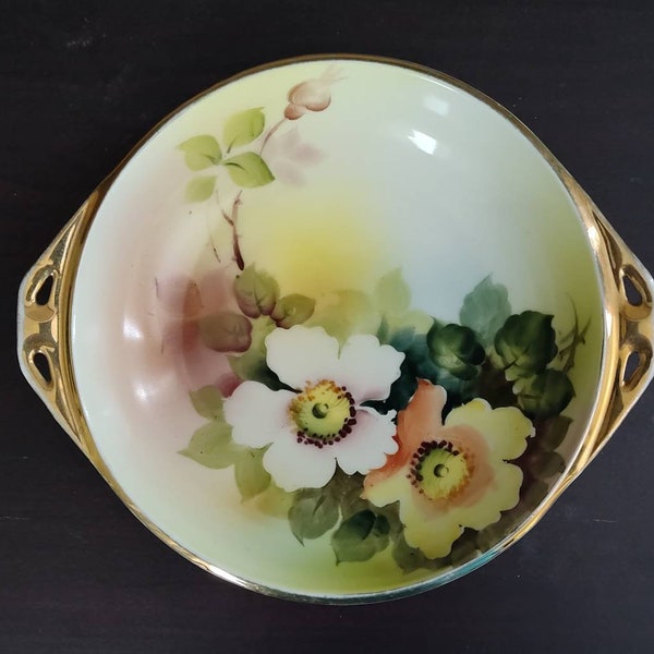 Antique Nippon (Japan) Morimura Hand Painted, 2 Handled Nut or Candy Bowl - Beautiful Flowers Floral with Gold Trim ca. 1900s