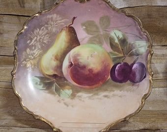 Antique Limoges Flambeau LDBC France Hand Painted Plate / Charger - Pear Peach Plum with Gold Trim, Signed Albert ca 1890-1910 Some Flaws