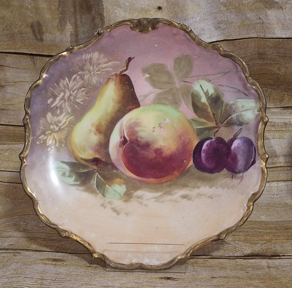 Antique Limoges Flambeau LDBC France Hand Painted Plate Charger Pear  Peach Plum with Gold Trim, Signed Albert ca 1890-1910 Some Flaws