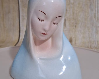 Vintage 1940&#39;s 1950&#39;s California Pottery Madonna Mother Mary Head Figurine - Beautiful Blue, Lovely and Serene Religious Home Decor MCM