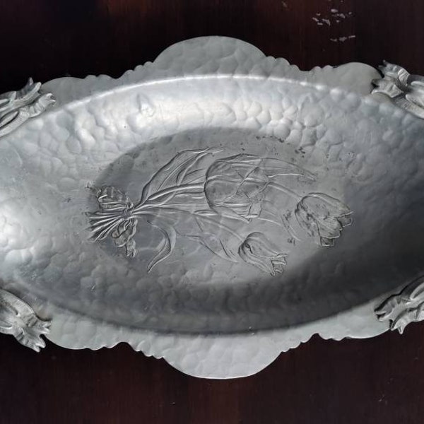 Vintage Rodney Kent Hand Wrought Creations Aluminum Tray - #404 - Hammered, Tulip Pattern with Handles - Metal Tray