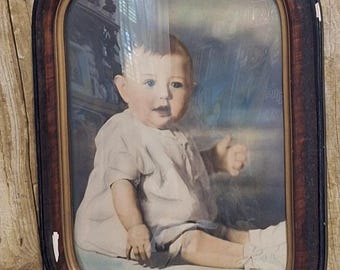 Antique Large Frame Bubble Convex Glass, Portrait of Seated Child, Hand Tinted / Colored, ca. 1900 to late 1910s, Faux Tiger Wood CUTE BABY