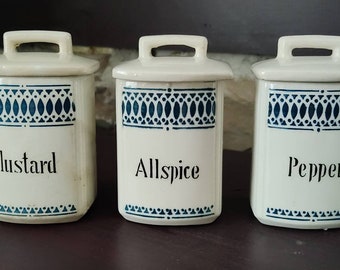 Antique Spice Canisters - Set of 3, Marked ROM Germany - With Lids - Mustard, Allspice, Pepper - Pretty Blue Art Deco Design - Kitchen Decor