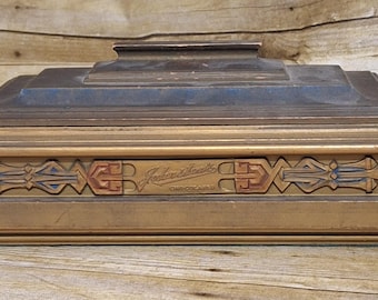 Fabulous Antique Johnston&#39;s Chocolates Wooden Box ca. 1920 - Art Nouveau style with an Egyptian motif, felt bottom - RARE Candy Collectible!