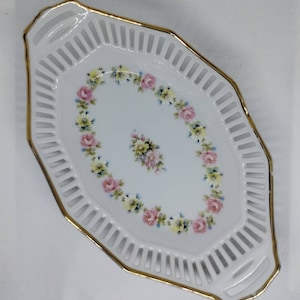 Vintage Schwarzenhammer Bavaria  Floral Trinket Dish / Plate Reticulated - Western Germany, Beautiful Flowers w/ Handpainted Details #111/2