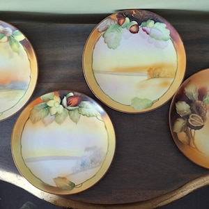 May include: Four decorative plates with hand-painted landscape scenes and botanical accents. Each plate features a different design, including nuts, leaves, and flowers, with a warm color palette of orange, yellow, and green.