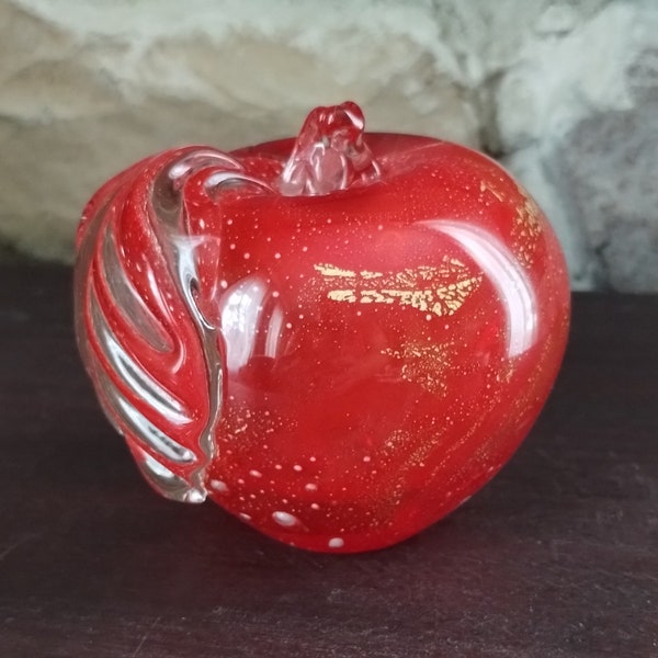 Vintage Hand Blown Art Glass Red Apple Paperweight with Gold Flecks and Swirls - Heavy, flat bottom, clear glass stem and leaf