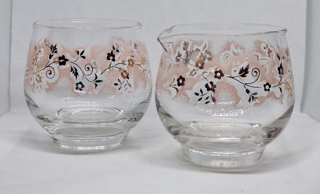 Vintage Libbey Pink & Gold Glass Sugar and Creamer Set Roly Poly MCM