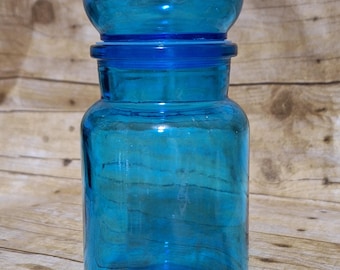 Vintage Belgium Blue Turquoise Glass Apothecary Jar with Bubble Lid, MCM 1970&#39;s - Gorgeous Blue, Great Decor / Vanity Item