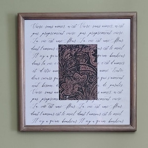 Hand Created and Framed - Jute and Gesso hand made painted/stenciled wallpaper with rose gold design, French lettering, 13&quot;x13&quot;, unique