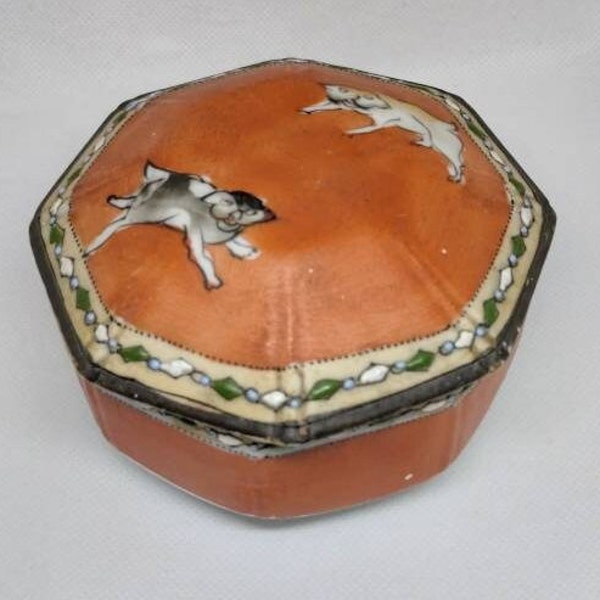 Antique Octagonal Trinket Box - Hand Painted in Japan - Orange, Moriage Border, Fu Dogs on Lid - Amazing Hand Drawing, probably ca. 1920s