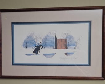 Vintage Lithograph by P. Buckley Moss, "Every Blessing",  Signed and Dated, #646/1000, Cert of Authenticity, 1970s, Amish Ice Skaters, Frame