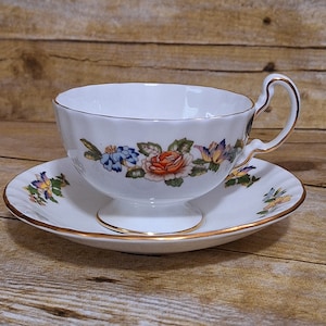 Vintage Aynsley Cup and Saucer Cottage Garden – Fine English Bone China - Butterfly, Flowers - Pattern Inside of Cup, Original Foil Stickers