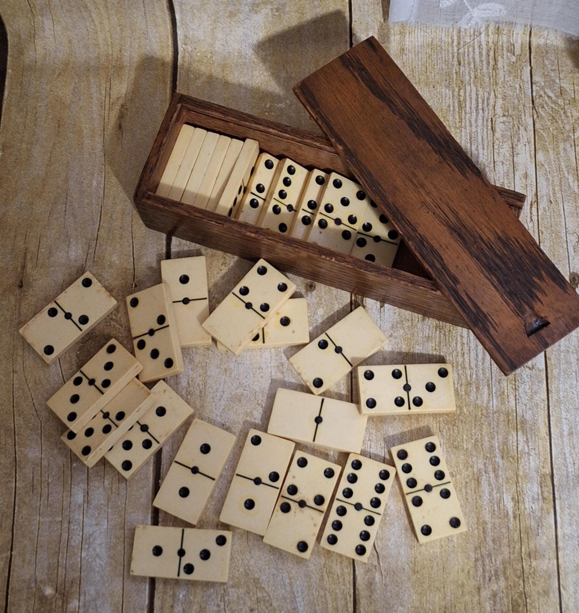 Vintage Set of 28 Bakelite Dominoes in a Oak Wooden Box with Sliding Lid ca.  1930s to 1950s - Games and Toys Collectible, Great Look!