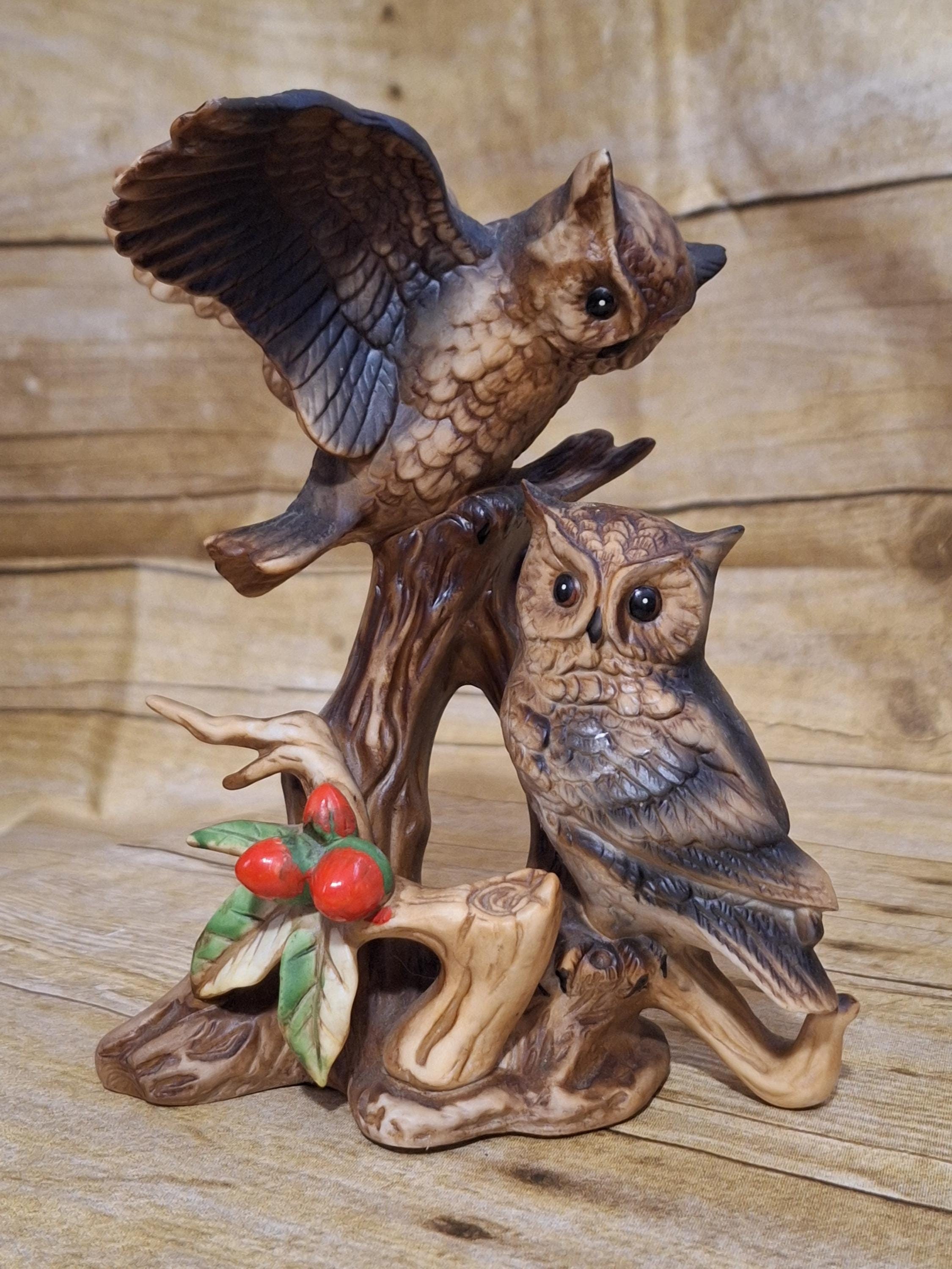 Vintage Figurine Horned Owls on Branch, Red Berries, MCM 1960s