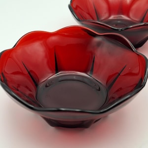 Vintage Anchor Hocking Ruby Red Depression Glass Dessert or Custard Bowls, Set of 3, Fluted Edges 4-1/2", ca 1940s-1960s
