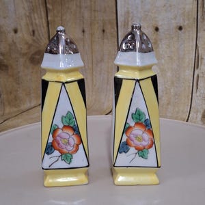 Vintage Gelb, Schwarz und Weiß Lustreware Salz & Pfefferstreuer Set - Schöne handgemalte Blume, Art Deco Design, hergestellt in Japan um 1950er Jahre