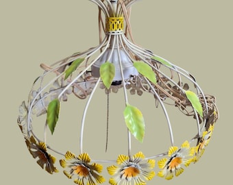 Vintage Retro and Funky Mid Century Tole Metal Hanging Swag Electric Lamp Chandelier - Daisies Flowers and Leaves, Chain  1950s-1970s Italy
