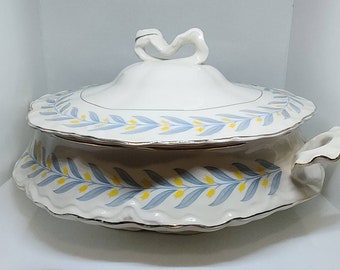 Antique Serving Bowl with Lid, Handles - W.S. George Company, OH - Radisson Pattern - Pretty Yellow and Blues