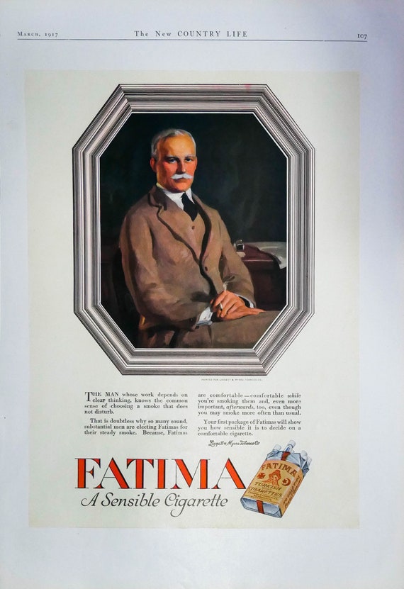 Antique 1917 Fatima Turkish Cigarette Ad - Well Dressed Man Portrait -  Liggett Myers Tobacco Co