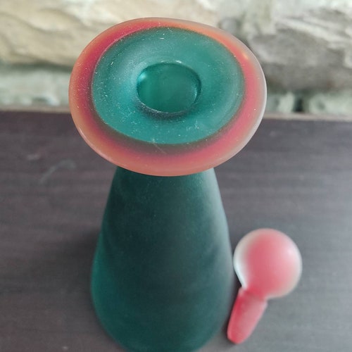 Vintage Frosted Glass Bottle with Stopper - Hand Blown, Dark Turquoise with Red Stopper and Rim - Murano buy Style, No Maker Mark