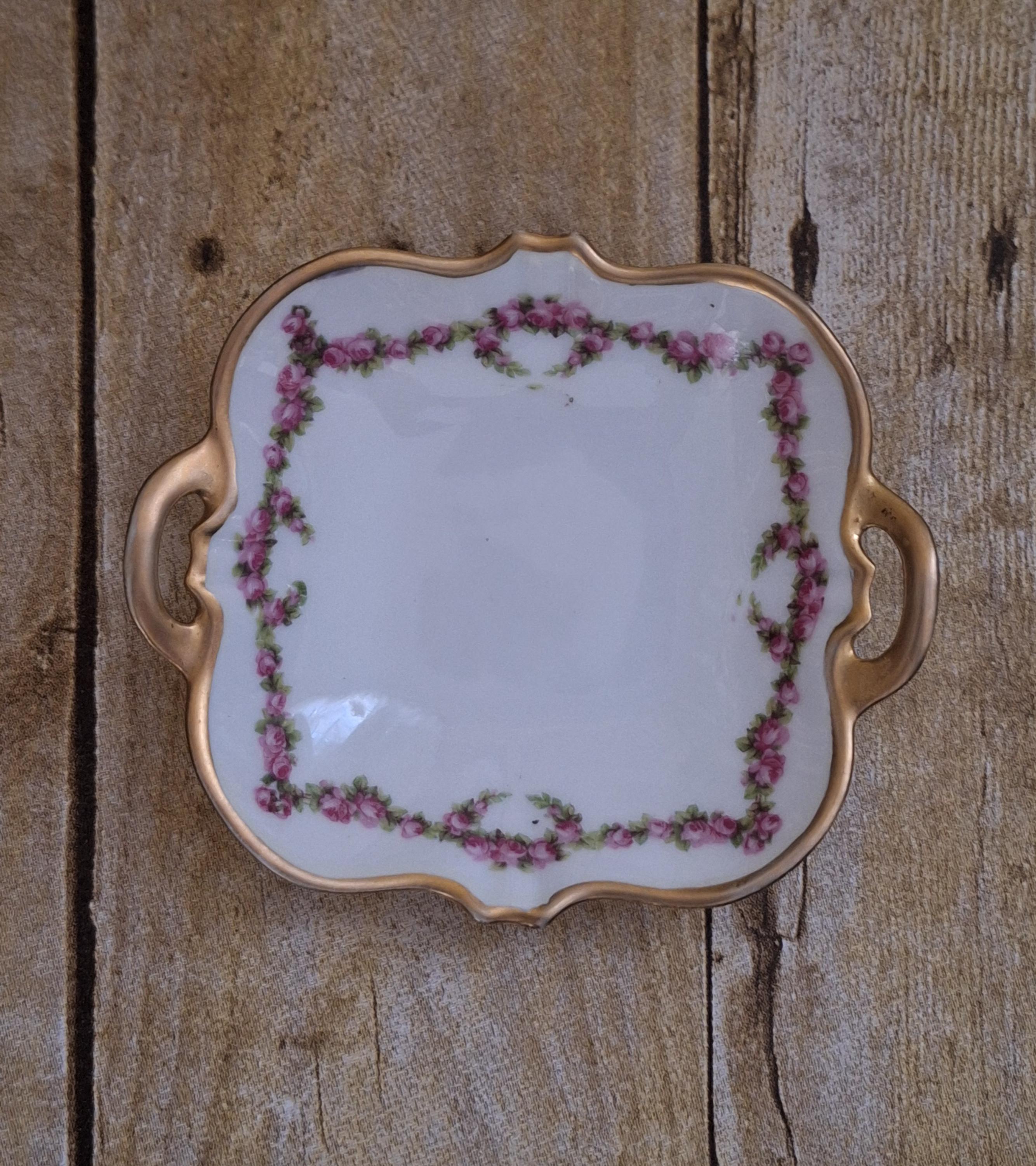 Antique Small Square Vanity Plate or Tray - Roses Rose Swag Design, Gold Trim with Handles, Made in Germany, ca. 1930s Beautiful!