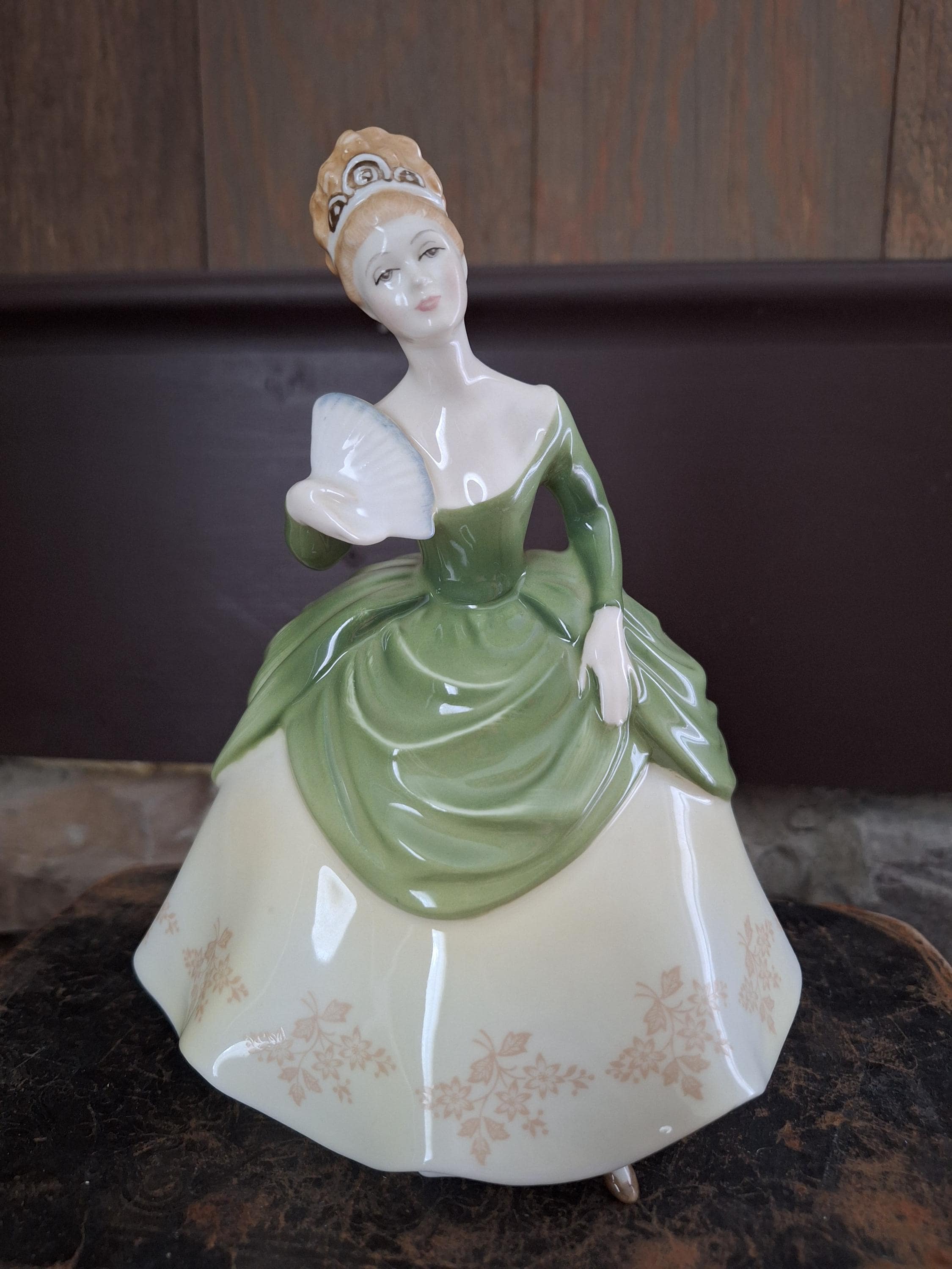 Vintage Royal Doulton Figurine "Soiree" Woman in Fancy Green Ball Gown ca.  1960s 1966