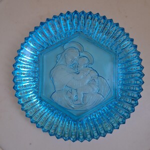 Vintage Blue Glass 6&quot; Plate - Madonna and Child - Pointed Scallops on Edges with Impressed Design, Very Pretty, Mary and Baby Jesus