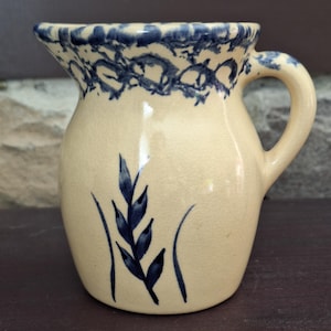 Vintage Robinson Ransbottom Pottery RRP Pitcher - Blue Spongeware Wheat Pattern, 1 QT,  1970s-1980s