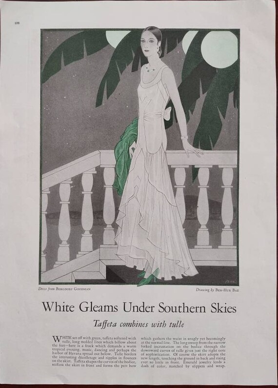 1930 Fashion Page From Woman's Home Companion - White Evening Dress From Bergdorf  Goodman, Ben-hur Baz Artwork - Woman on Steps, Palm Trees