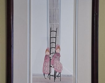 Vintage P. Buckley Moss Framed Print, Two Amish Girls in Pink Dress with Chair, Signed and Numbered #36 of 1000  1987, 21"x13", Wood Frame