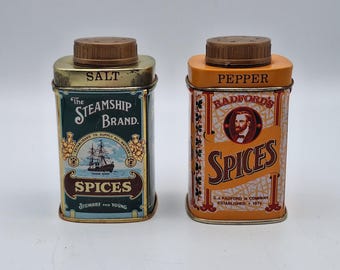 Vintage Radford's Spice Steamship Brand Olde English Tin Salt and Pepper Shakers Set - S. J. Radford & Co, 1970s