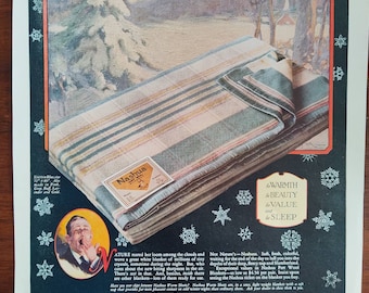 1927 Vintage Nashua Part-Wool Blankets Ad - Amory Browne and Co, Boston MA - New Hampshire - Winter Scene, blue striped blanket, man yawning