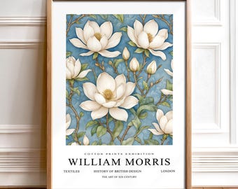 William Morris Inspired Botanical Print Exhibition Poster, Floral Art Poster, White Magnolias