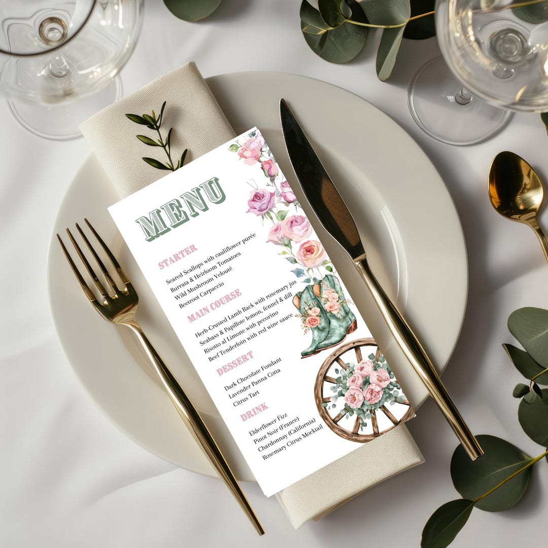 Floral Menu Template, Western Cowgirl, Menu Template, Wedding Menu ...