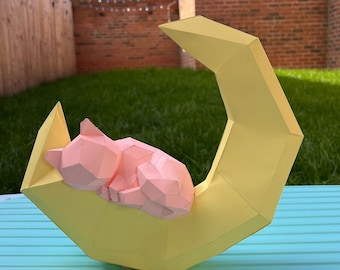 Gato en la Luna, papercraft / gatito, Low Poly / papercraft 3D, trofeo animal, escultura de papel, regalo DIY, decoración del hogar, origami animal, PDF, manualidad para niños