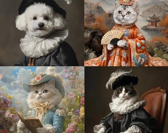 Retrato de mascota renacentista hecho en Reino Unido a partir de una foto, lienzo divertido personalizado, retrato de mascota real, arte digital, diseño de arte de retrato de mascota, solo archivo digital