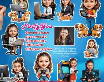 Fabricado en Reino Unido, animación de dibujos animados personalizada, compre 1 y obtenga 20 estilos de calcomanías, retrato de dibujos animados a partir de una foto, estilo de dibujos animados, Pixar personalizado, archivo digital